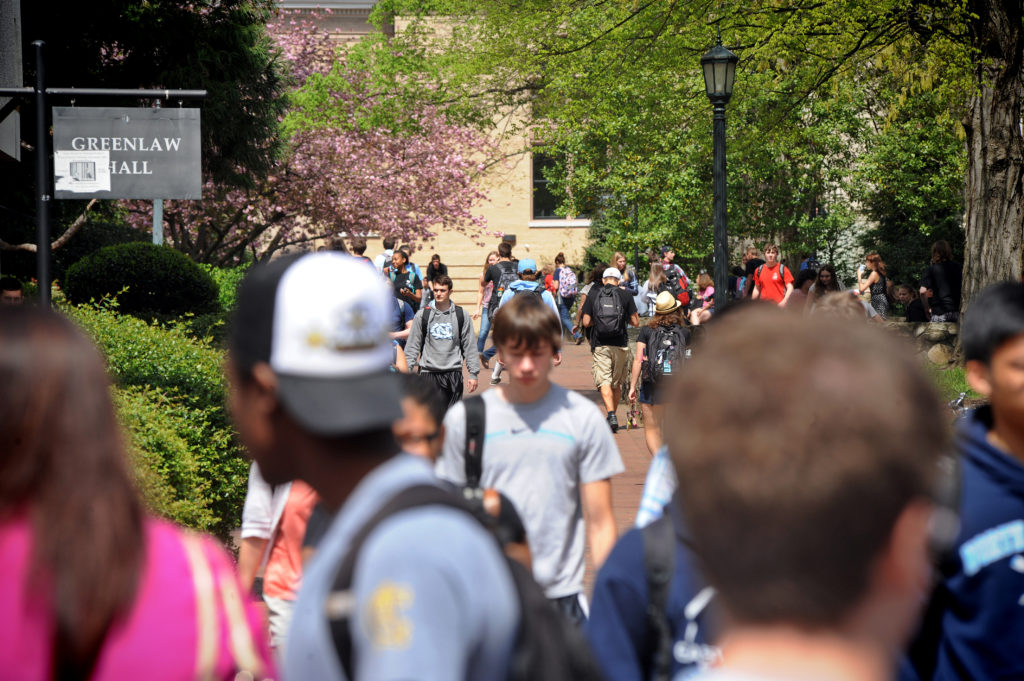 Students change classes at the University of North Carolina at Chapel Hill.